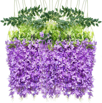 Artificial Wisteria Hanging Flowers-Fake Wisteria Flower Garland Silk Vines Rattan Decor for Home Wedding Arch Wall Garden Greenery Bedroom Outdoor Office Party Decoration (24, Purple)