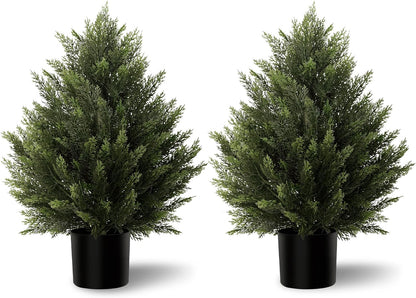 Artificial Topiary Cedar Trees 3FT Tall 2 Set with 12 Bundles Faux Silk Flowers, Outdoor Indoor Faux Pine Shrubs Plants, Fake Bushes Plants for Home Front Porch Door Patio