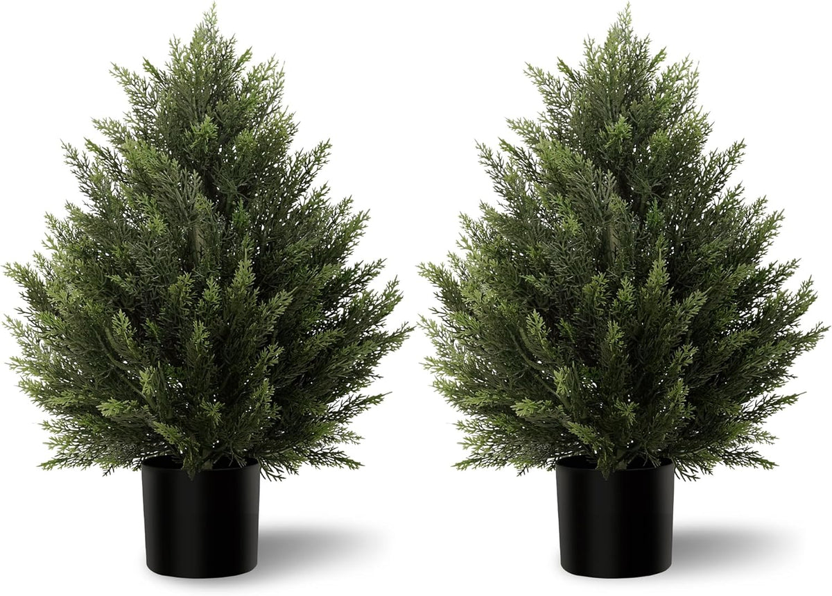 Artificial Topiary Cedar Trees 3FT Tall 2 Set with 12 Bundles Faux Silk Flowers, Outdoor Indoor Faux Pine Shrubs Plants, Fake Bushes Plants for Home Front Porch Door Patio