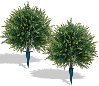 2 Pack Artificial Boxwood Topiary Ball Trees, 16" UV Resistant Fake Evergreen Shrubs Bushes Plants with Ground Spike, Fake Plants for Outdoor Indoor Front Porch Garden