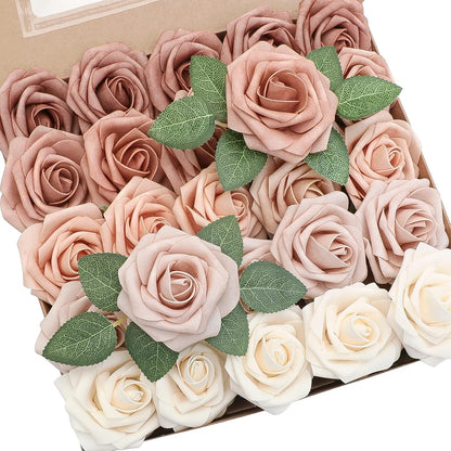 Floroom Artificial Flowers 25 Pcs Real Looking Lavender Purple Ombre Colors Foam Fake Roses with Stems for DIY Wedding Bouquets Bridal Shower Floral Centerpieces Party Tables Home Decorations