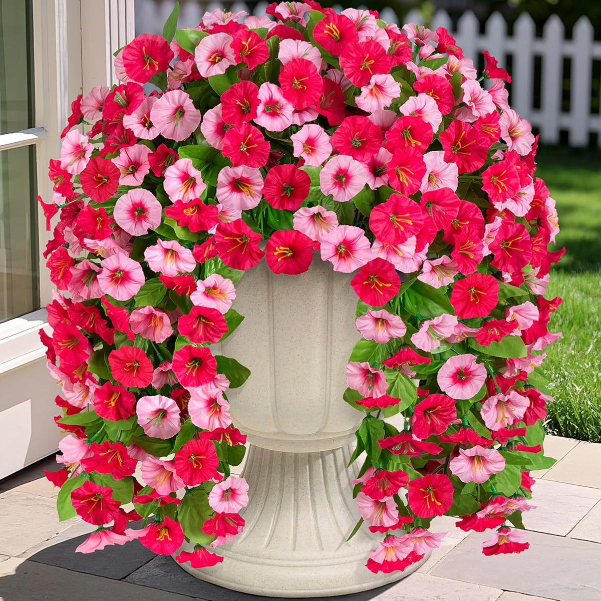 Artificial Fake Hanging Flowers Plants for Outdoor Decoration, 2PCS Faux Silk Morning Glory Long Vines Stems UV Resistant Look Real for Spring Summer Outside Home Porch Patio(Violet Red Purple)