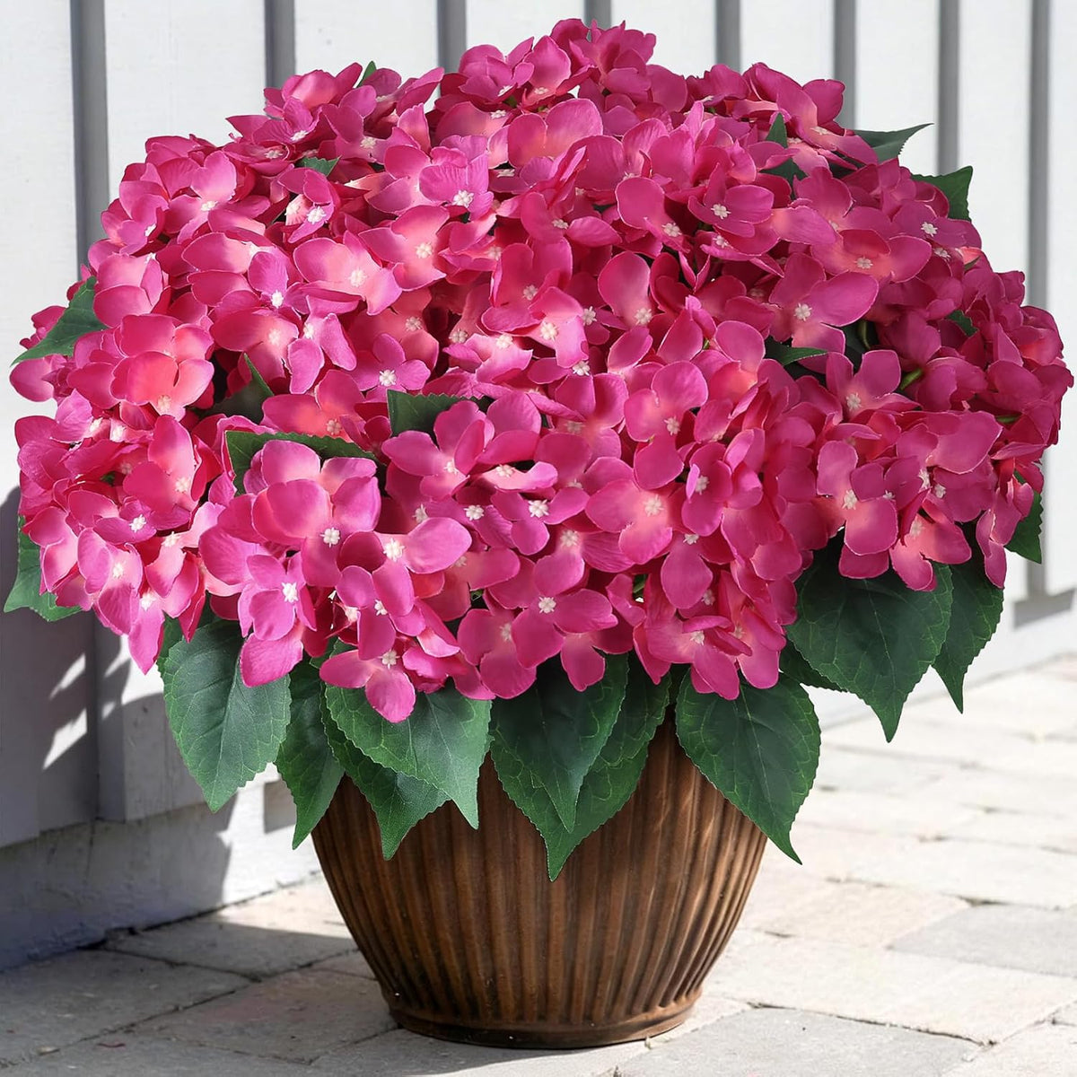 FOTEEWL 16 Bundles Artificial Hydrangea Flowers for Outdoor Decor, Realistic Faux Silk Bouquets Sun-Resistant Fake Plants for Front Door Balcony Farmhouse Garden Home Spring Summer Decor (Blue)