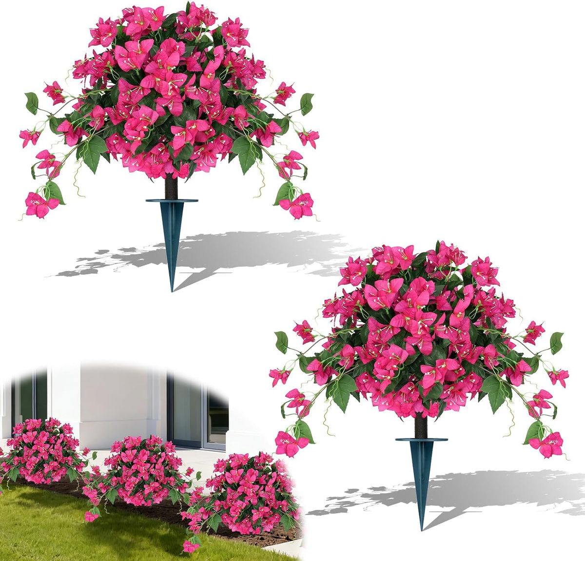 2 Pack Artificial Boxwood Topiary Ball Trees, 16" UV Resistant Fake Evergreen Shrubs Bushes Plants with Ground Spike, Fake Plants for Outdoor Indoor Front Porch Garden