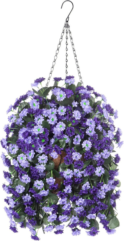 Artificial Flowers in Hanging Basket for Outdoors Spring Decor, Fake Mums Flowers Faux Plants with Basket for Indoors Home Porch Garden Yard Patio Decoration (Purple Pink)