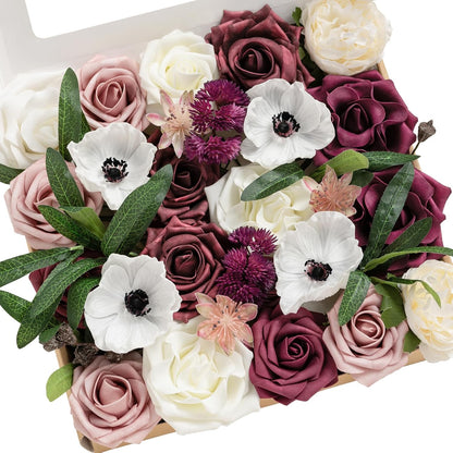 Ling's moment Fake Flowers Box, Faux Artificial Greenery Stems Foam Roses Dahlia Silk Peonies Eucalyptus Fabic Flower for Centerpieces Bouquet Wedding Vase, Dusty Rose & Burgundy, Deluxe Combo