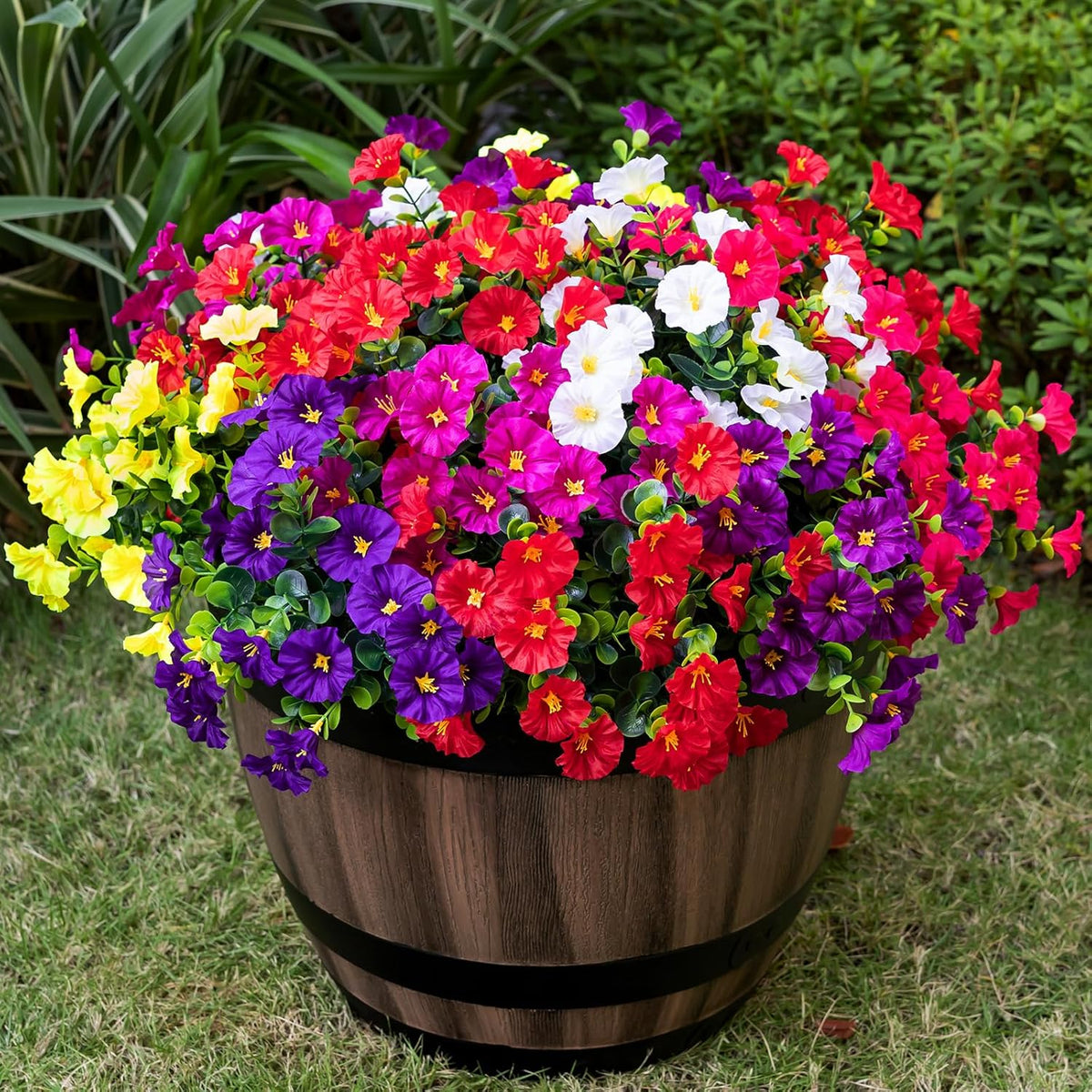 Artificial Faux Flowers for Outdoor 16 Bundles Boxwood Fake Morning Glory for Planter, UV Resistant Fake Flowers for Home Porch Patio Outside（8 Color）