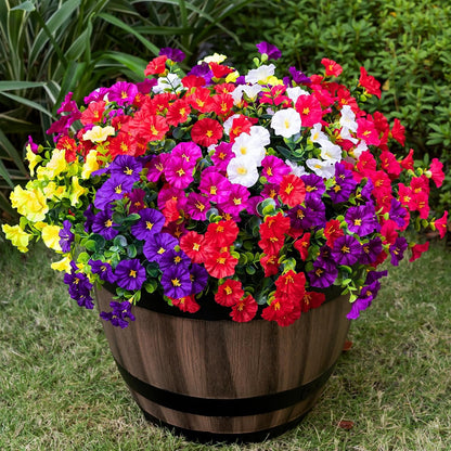 Artificial Faux Flowers for Outdoor 16 Bundles Boxwood Fake Morning Glory for Planter, UV Resistant Fake Flowers for Home Porch Patio Outside（8 Color）