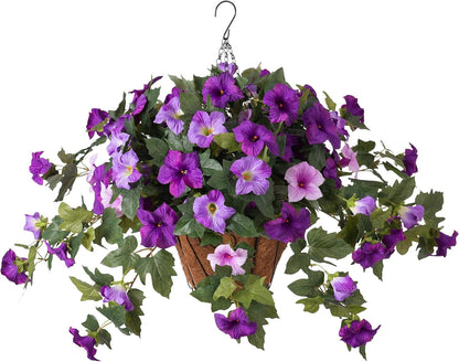 Artificial Petunia Flowers with Hanging Basket for Outdoors, 3 Pcs Fake Hanging Flowers UV Resistant Faux Silk Plants in Basket for Garden Porch Yard Patio Realistic Home Spring Decor(Purple Fuchsia)