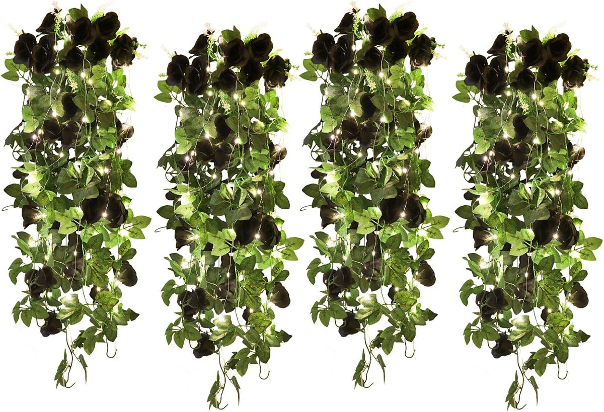 RECUTMS Artificial Hanging Rose Flower Plants Outdoor with 30 LED Fairy String Lights Fake Flowers for House Garden Patio Front Porch Indoor Decor (Purple)