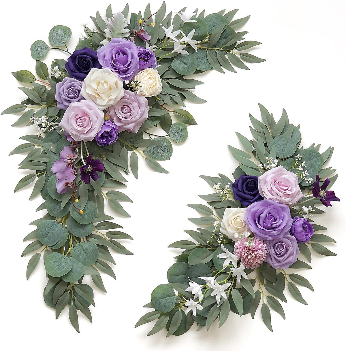 2-Pack Sage Green & White Wedding Flower Swag Set, Large: 35.43"L x 14.56"W, Small: 24.80"L x 12.99"W, Artificial Flowers for Wedding Arch, Ceremony, Table Centerpieces, Wall Hanging