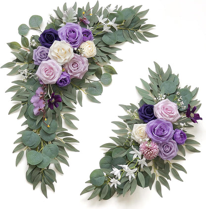 2-Pack Sage Green & White Wedding Flower Swag Set, Large: 35.43"L x 14.56"W, Small: 24.80"L x 12.99"W, Artificial Flowers for Wedding Arch, Ceremony, Table Centerpieces, Wall Hanging