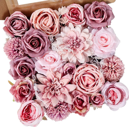 Artificial Flowers Combo Pink Roses with Stems Bouquets Box Set Bridal Wedding Shower Decorations Fake Floral for Party Table Centerpieces Home Decor