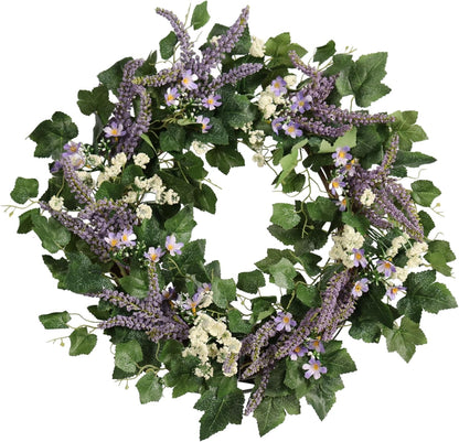 22IN Artificial Spring Summer Wreath with Wild Flowers & Silk Daisies Eucalyptus, UV Resistant, Colorful Wreath - for Spring Summer Indoor Outdoor Home Décor