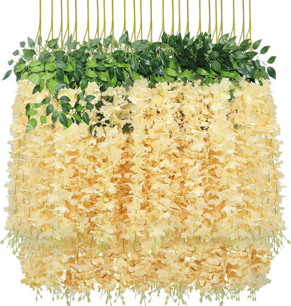 Pauwer Wisteria Hanging Flowers 24 Pack Fake Flower Garland Artificial Wisteria Vines Rattan Silk Flower String Wedding Party Wall Decorations, White