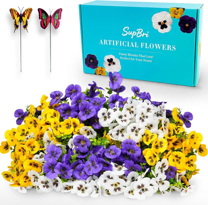 Artificial Flowers for Outdoor, UV Resistant Fake Pansy Flowers, Silk Faux Fowers for Outside Planters Home Garden Office Patio Front (18 Bundles)