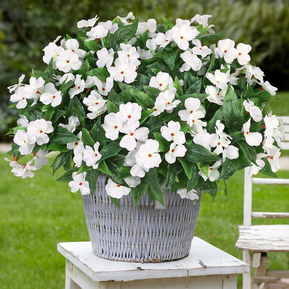 5 Pcs Artificial Flowers for Outdoors Silk Impatiens Flowers Bouquet Decorations Fake Faux Plants UV Resistant for Spring Summer Garden Patio Porch Window Box Balcony Planters Home, Red