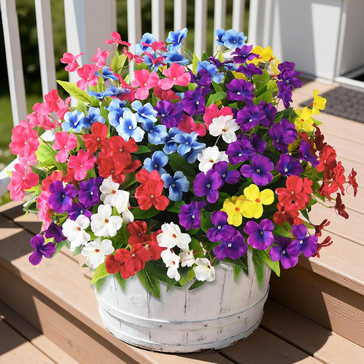 Artificial Impatiens Flowers for Outdoors, 6 Bundles Silk Fake Flowers for Spring Summer Decoration, UV Resistant Faux Plants Plastic Bouquet for Home Planter Porch Patio Yard Decor(Double Blue)