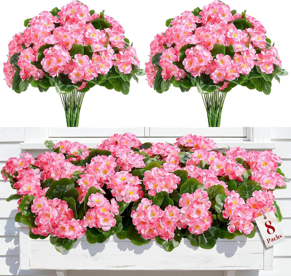 Alupssuc 8 Pcs Artificial Geranium Flowers for Outdoors Decoration Silk Floral, UV Resistant Fake Plants, Faux Flower for Porch Garden Table Centerpieces Home Indoor and Outdoor Spring Decor (8, Red)