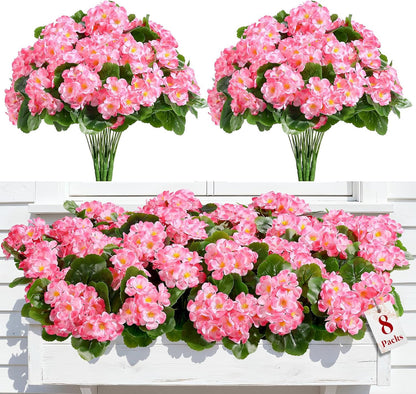 Alupssuc 8 Pcs Artificial Geranium Flowers for Outdoors Decoration Silk Floral, UV Resistant Fake Plants, Faux Flower for Porch Garden Table Centerpieces Home Indoor and Outdoor Spring Decor (8, Red)