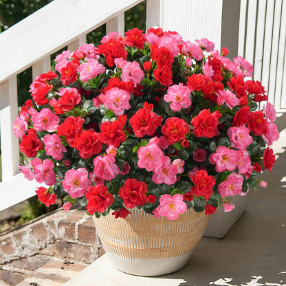 HyeFlora Artificial Fake Flowers Plants for Spring Outdoor Outside Decor, Faux Silk Yellow Camellia UV Resistant Realistic for Planter Front Door Porch Patio Balcony Decoration, 3 Large Bundles