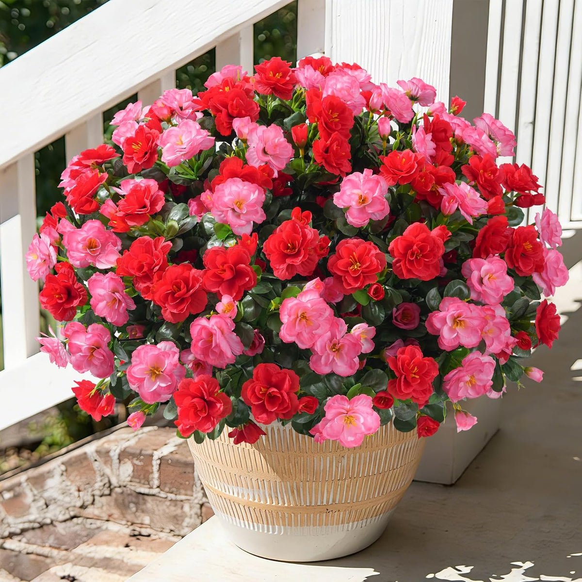 HyeFlora Artificial Fake Flowers Plants for Spring Outdoor Outside Decor, Faux Silk Yellow Camellia UV Resistant Realistic for Planter Front Door Porch Patio Balcony Decoration, 3 Large Bundles