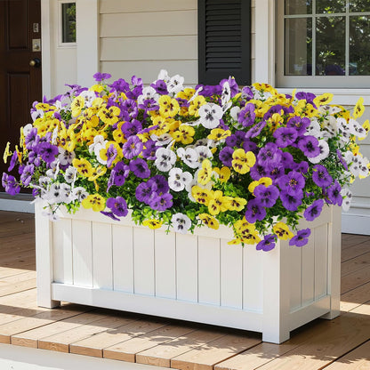 Alupssuc 24 Bundles Artificial Flowers for Outdoors, Fake Spring Flowers for Decoration, UV Resistant Realistic Pansies with Eucalyptus Silk Faux Flowers for Porch Patio Yard, Purple Yellow White