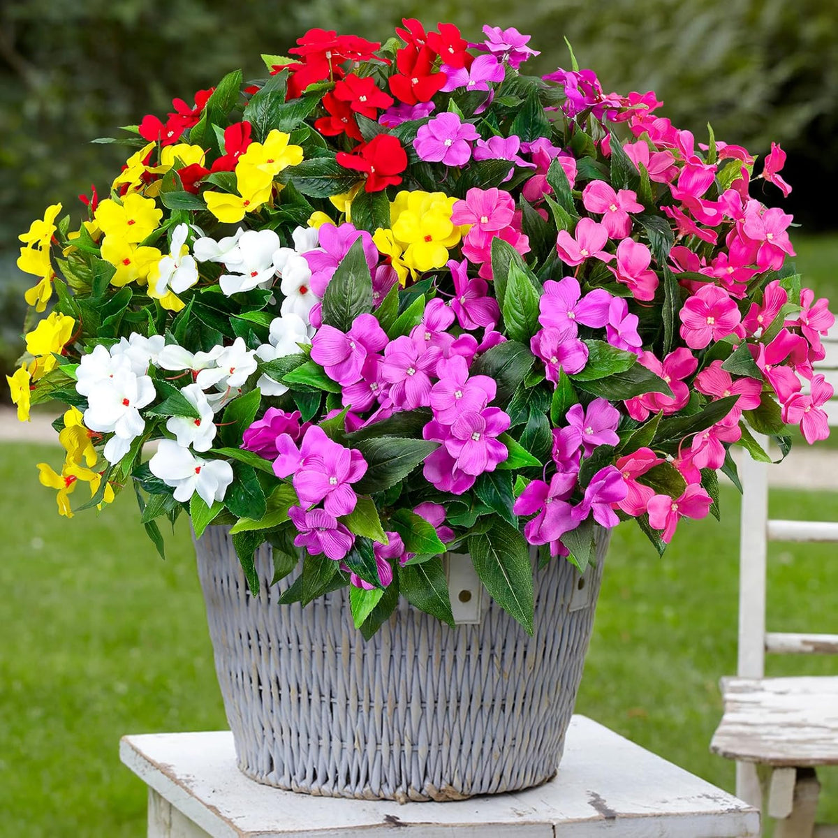 5 Pcs Artificial Flowers for Outdoors Silk Impatiens Flowers Bouquet Decorations Fake Faux Plants UV Resistant for Spring Summer Garden Patio Porch Window Box Balcony Planters Home, Red