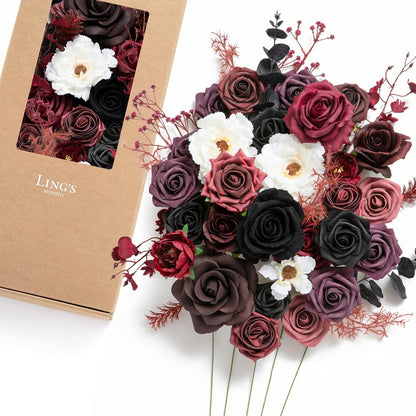 Ling's moment Fake Flowers Box, Faux Artificial Greenery Stems Foam Roses Dahlia Silk Peonies Eucalyptus Fabic Flower for Centerpieces Bouquet Wedding Vase, Dusty Rose & Burgundy, Deluxe Combo