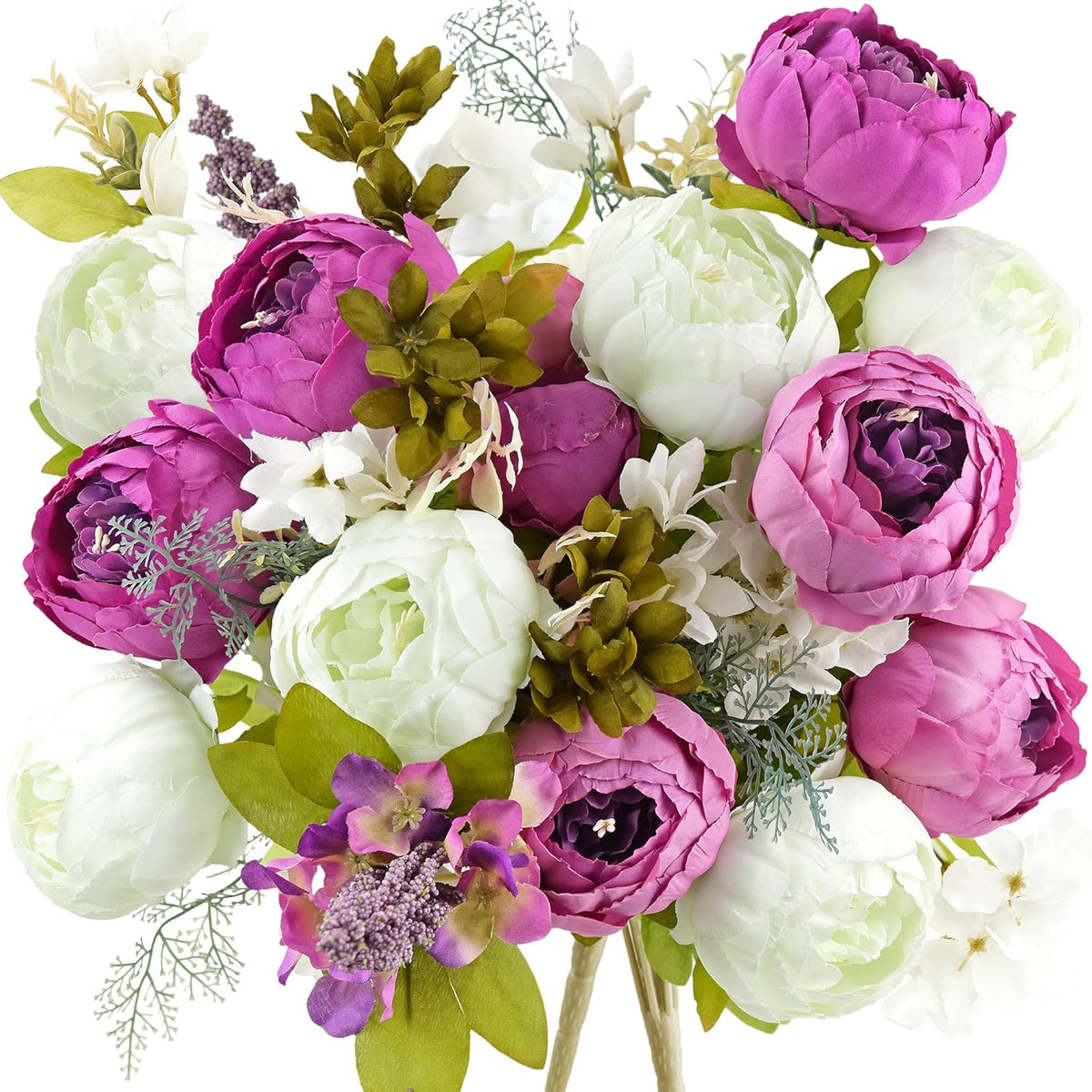 FiveSeasonStuff Artificial Peony Bouquets, 2 Cream Beige & Moss Green Silk Flower Bundles for Wedding Centerpieces & Home Decor – Vintage Peonies