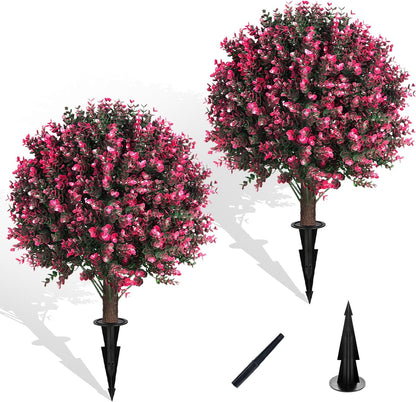Artificial Boxwood Topiary Ball Bush for Outdoor with Spike, Set of 2 UV Resistant Faux Boxwood Ball Tree with Stake, Weatherproof Fake Round Topiary Shrub Plant for Front Porch Planter