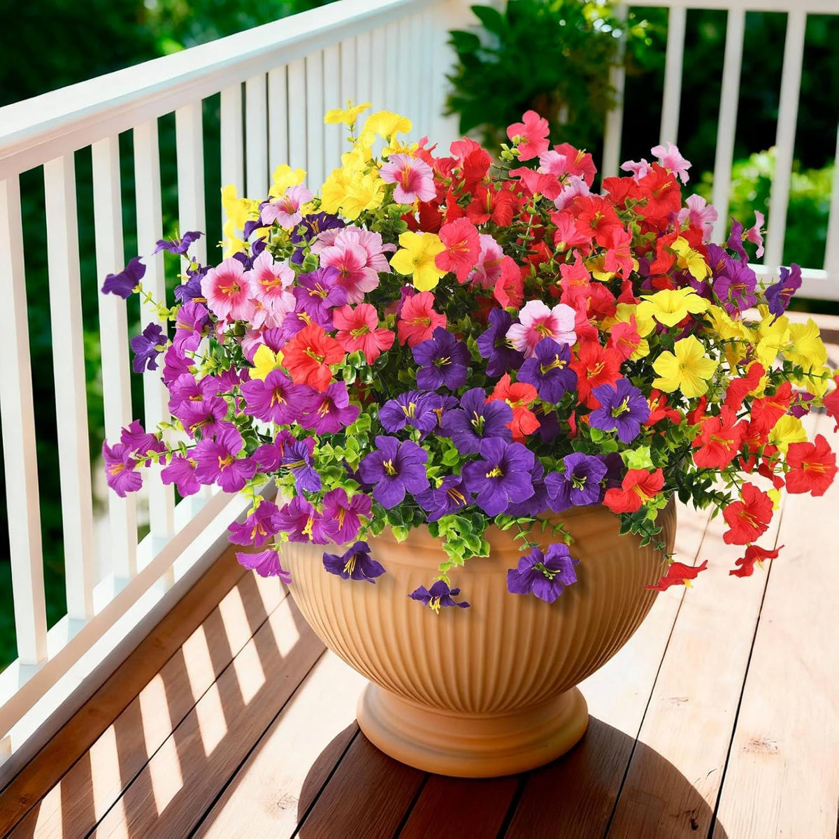 INQCMY Artificial Fake Petunia Flowers for Outdoors Spring Decoration, 12 Bundles Faux Plants Outdoor UV Resistant Realistic Silk Flower for Outside Planters Patio Porch Yard Window Box