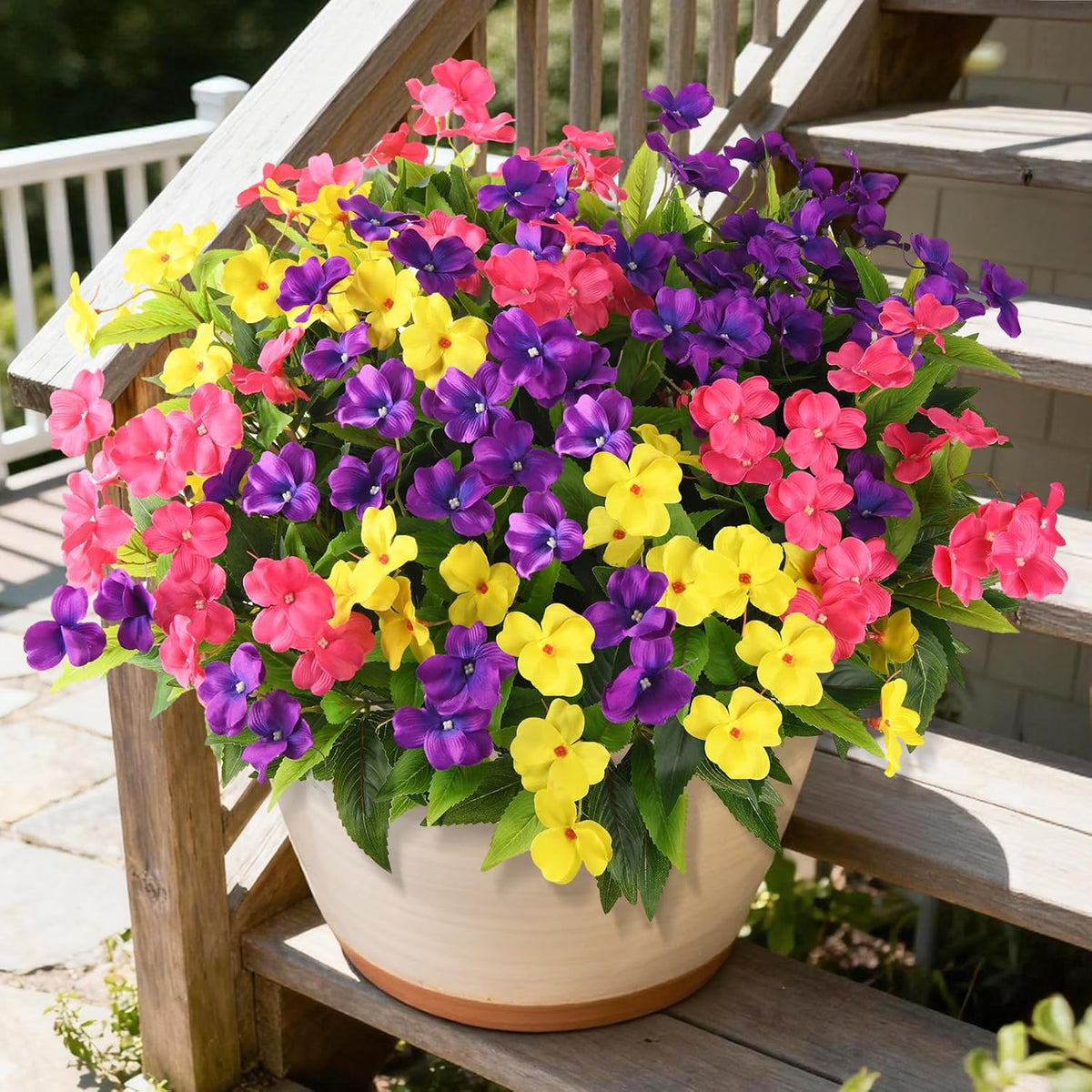 Artificial Impatiens Flowers for Outdoors, 6 Bundles Silk Fake Flowers for Spring Summer Decoration, UV Resistant Faux Plants Plastic Bouquet for Home Planter Porch Patio Yard Decor(Double Blue)