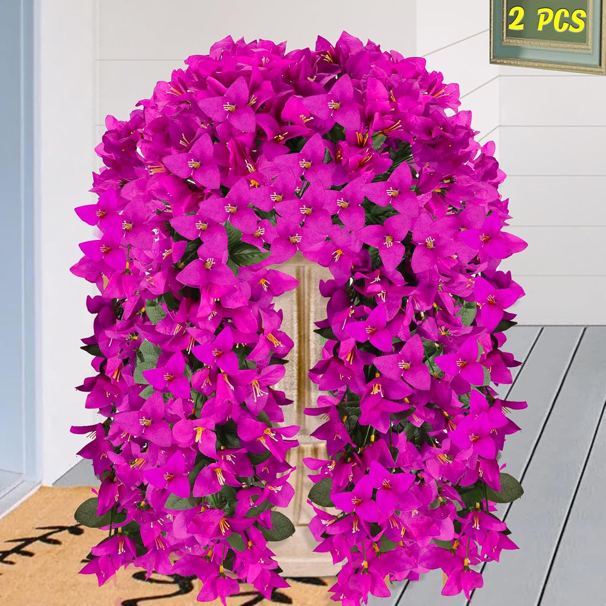 Artificial Bougainvillea Flowers for Outdoor Plant, 2 Pcs Faux Hanging Flowers Bougainvillea for Outside Decoration, Fake Silk UV Resistant Vines for Front Door Porch (Fuchsia)