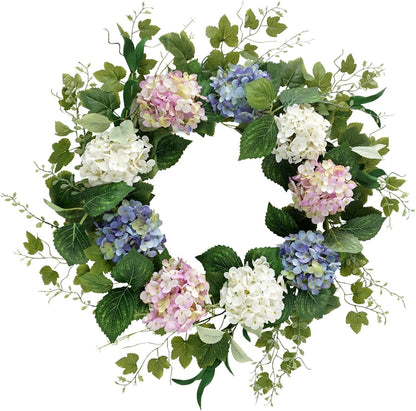 Spring Summer Wreaths for Front Door, 20 Inch Artificial Wreaths with Hydrangea Floral, Floral Wreath for Porch Wall Window Wedding Decor, All Season Wreaths for Home Outdoor Decoration
