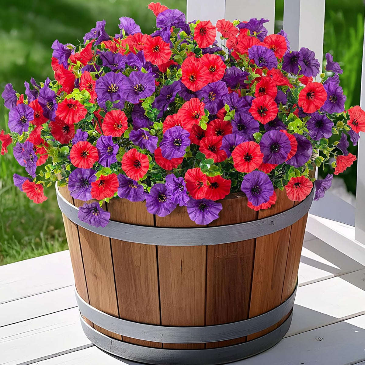 Artificial Flowers for Outdoors, 12 Bundles Fake Plastic Flower Plant, UV Resistant Faux Colorful Silk Morning Glory Petunias for Spring Summer Outside Garden Porch Front Door Decor, Purple
