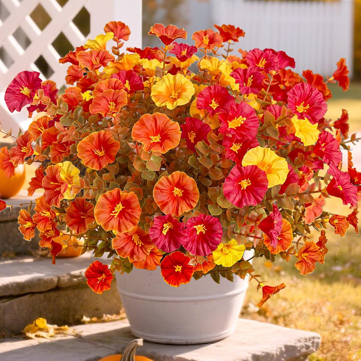 Artificial Flowers for Outdoors Fake Plants Spring Summer Decor, 12 Bundles Realistic Fake Silk Flowers Colorful Morning Glory UV Resistant Faux Flowers for Porch Outside Planter Porch Patio Yard