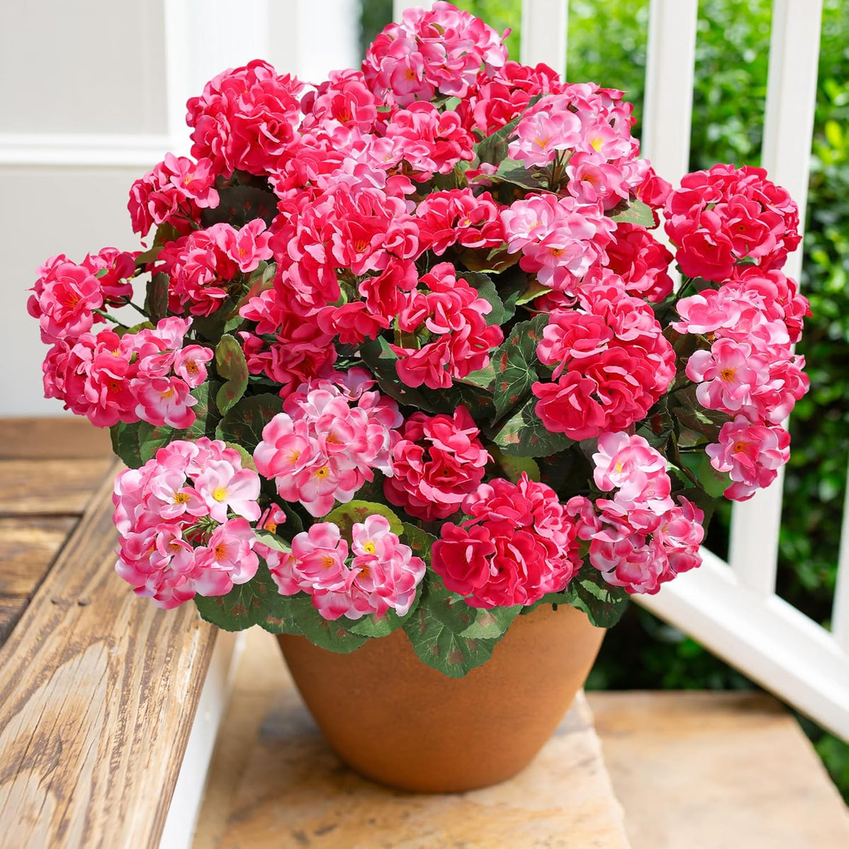 Artificial Geranium Fake Flowers for Outdoors Decoration, 6 Bundles Silk Geraniums Flower UV Resistant Look Real Faux Plants for Outside Planter Front Door Garden Patio Balcony Yard Home, Fuchsia