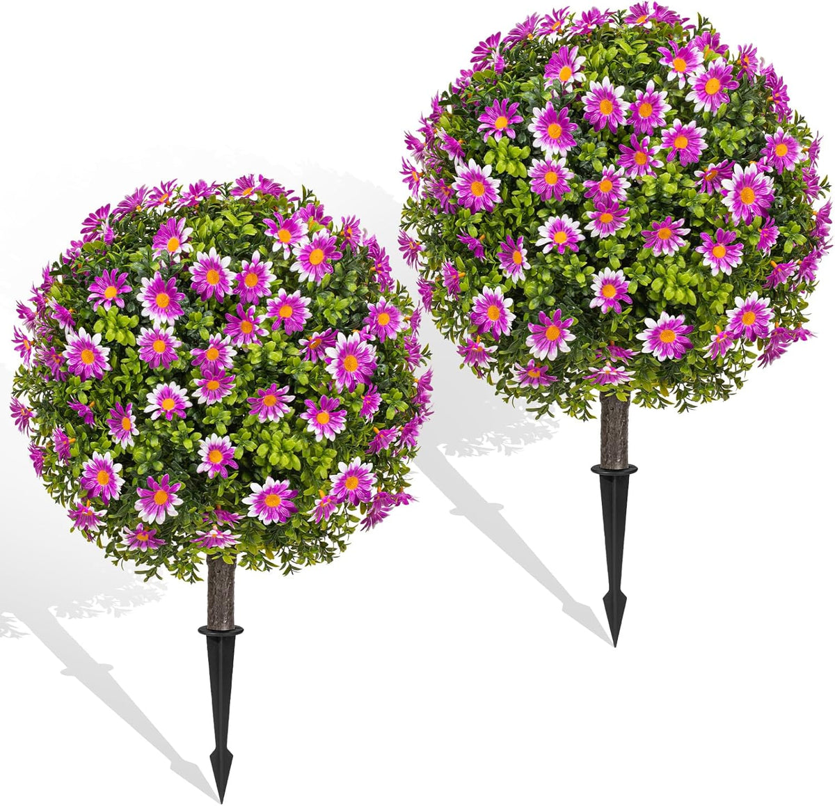 Artificial Boxwood Topiary Ball Bush for Outdoor with Spike, Set of 2 UV Resistant Faux Boxwood Ball Tree with Stake, Weatherproof Fake Round Topiary Shrub Plant for Front Porch Planter