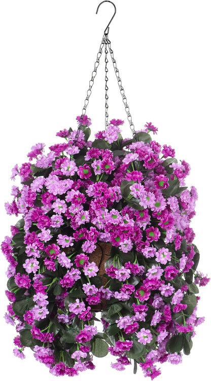 Artificial Flowers in Hanging Basket for Outdoors Spring Decor, Fake Mums Flowers Faux Plants with Basket for Indoors Home Porch Garden Yard Patio Decoration (Purple Pink)