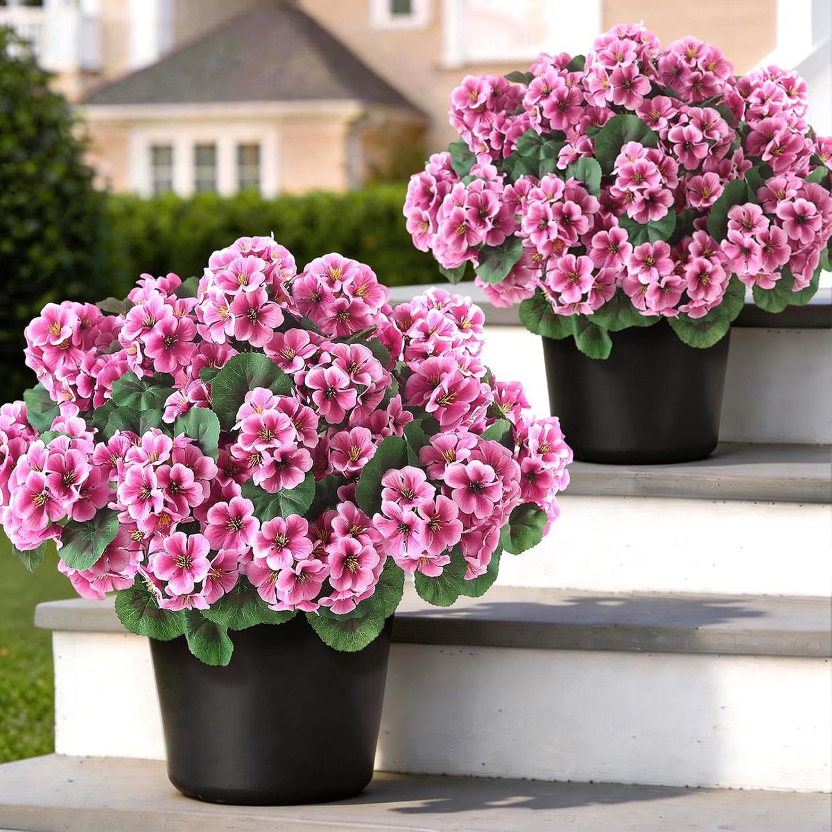 2 Pack Artificial Geranium Flowers Topitary Trees for Outdoors, UV Resistant Geraniums Potted Bushes Look Real Silk Faux Plants for Front Door Garden Porch Planter Farmhouse Home Decor (Peach Red)