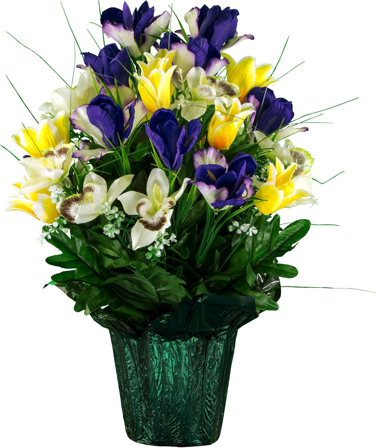 Sympathy Silks Ruby's Silk Flowers Artificial Flowers - Weighted Pot Bouquet Decoration - Height 18"-20" - Red Tulip and White Iris Potted Flowers