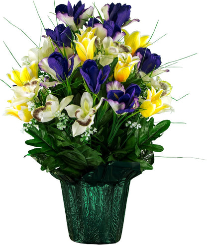 Sympathy Silks Ruby's Silk Flowers Artificial Flowers - Weighted Pot Bouquet Decoration - Height 18"-20" - Red Tulip and White Iris Potted Flowers