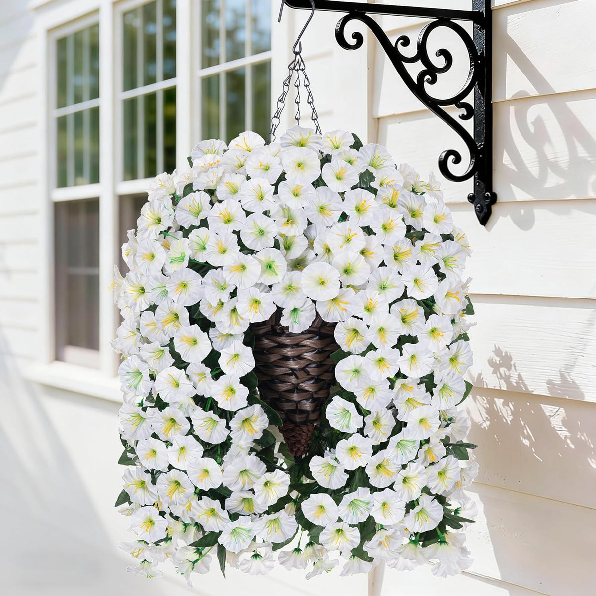 HyeFlora Artificial Fake Hanging Outdoor Flowers Plants Basket, Faux Silk Yellow Daisy Flowers UV Resistant Realistic Hanging Planter Orchid Vines for Outside Porch Patio Home Garden Yard Decoration
