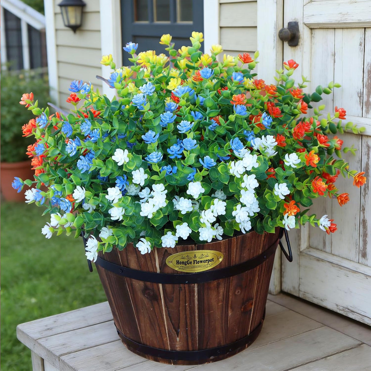 Artificial Flowers for Outdoors, 12 Bundles UV Resistant Realistic Faux Plants for Outside Porch Planter, Spring Summer Home Garden Decoration, Blue