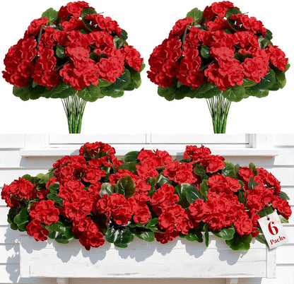 Alupssuc 8 Pcs Artificial Geranium Flowers for Outdoors Decoration Silk Floral, UV Resistant Fake Plants, Faux Flower for Porch Garden Table Centerpieces Home Indoor and Outdoor Spring Decor (8, Red)