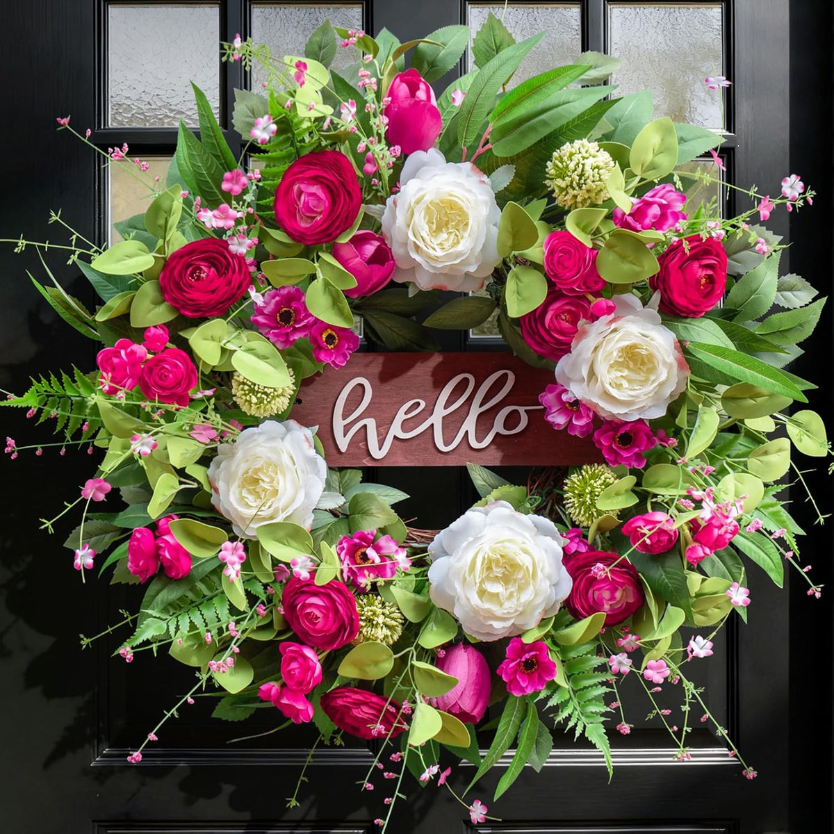 24 Inch Spring Summer Wreath with Pink Peony, Tulip, White Rose and Hello Wooden Sign