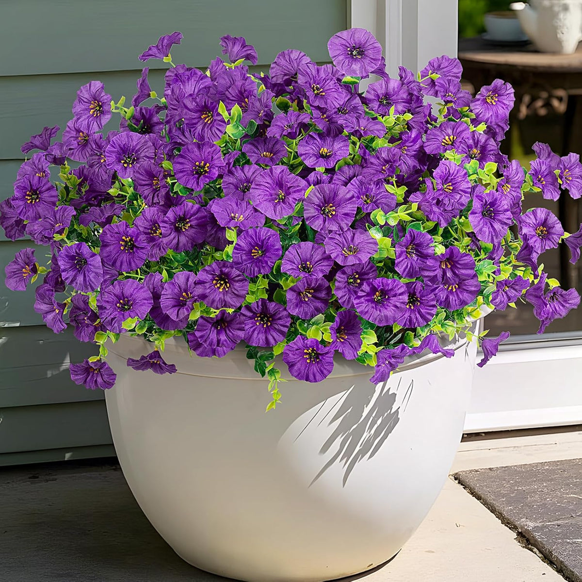 Artificial Flowers for Outdoors, 12 Bundles Fake Plastic Flower Plant, UV Resistant Faux Colorful Silk Morning Glory Petunias for Spring Summer Outside Garden Porch Front Door Decor, Purple