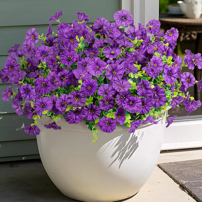 Artificial Flowers for Outdoors, 12 Bundles Fake Plastic Flower Plant, UV Resistant Faux Colorful Silk Morning Glory Petunias for Spring Summer Outside Garden Porch Front Door Decor, Purple