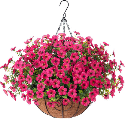 HyeFlora Artificial Fake Hanging Plants Flowers with Basket Outdoor Spring Decor, Faux Silk Pink Daisy in Pot Planter Realistic UV Resistant for Porch Home Indoor Patio Balcony Garden Yard